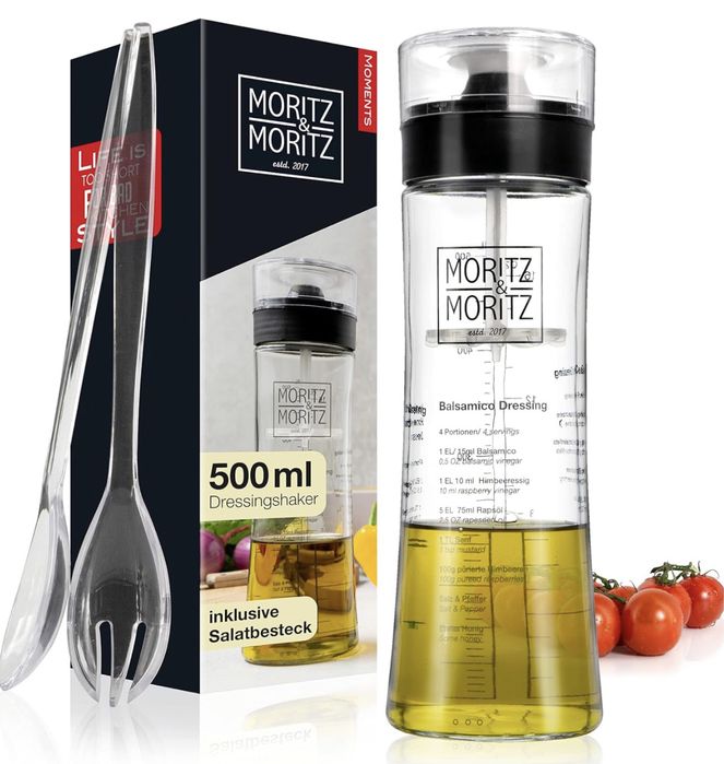 Nowy szklany shaker do dressing, 500 ml, skala, przepis, sztućce