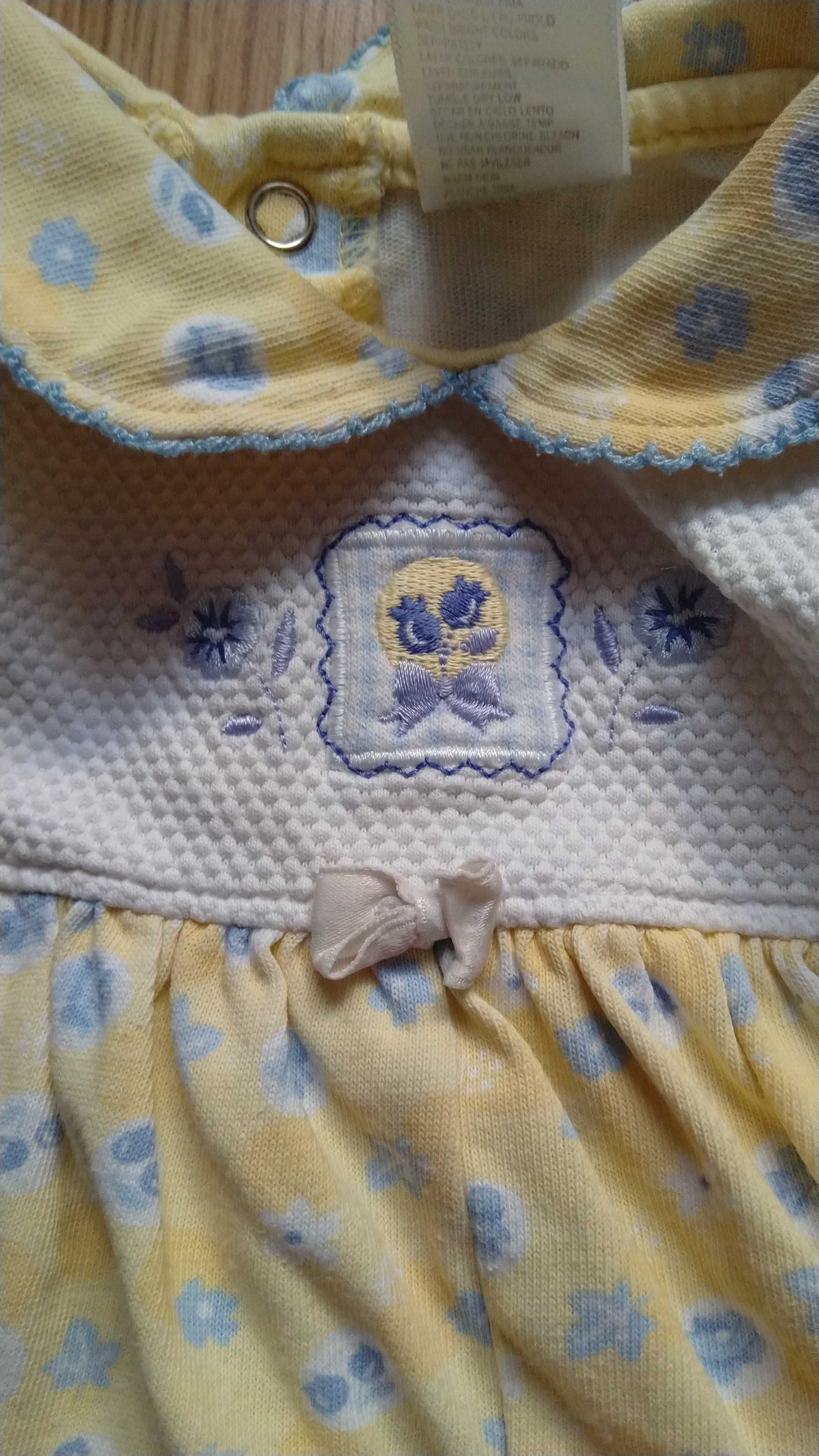 Biało żółty pajacyk bez stóp kwiaty retro vintage haft kołnierz bawełn