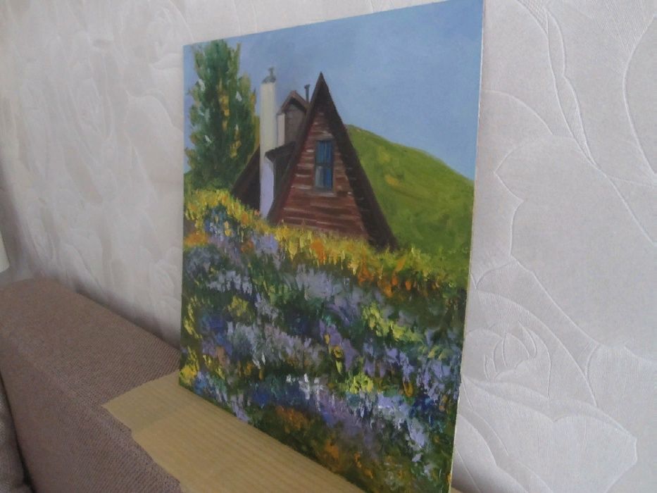 Картина пейзаж с домиком в поле, двп, масло