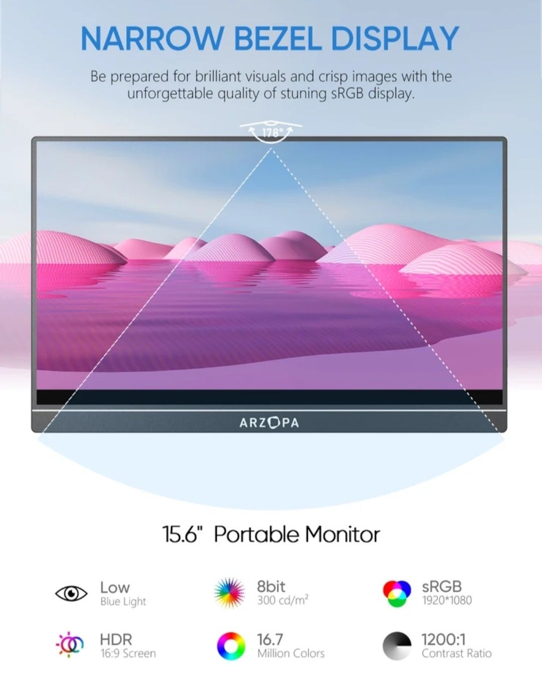 Портативний монітор Arzopa A1 15.6 дюйма, HDR, PS5 / Xbox / TV box