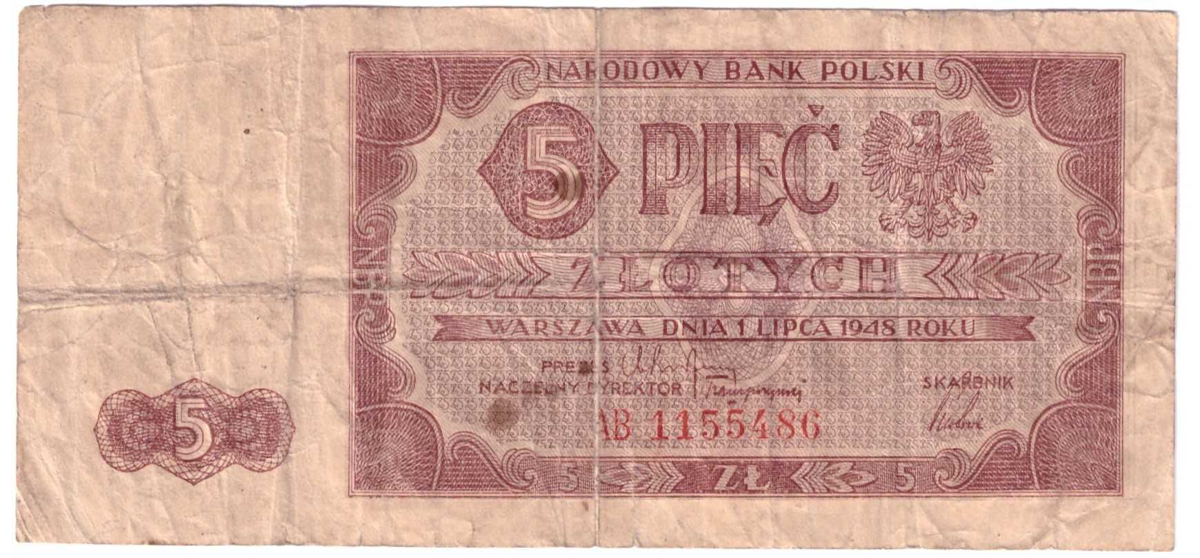 Banknot PRL, 5 złotych 1948 - AB - wczesna seria - st. 4