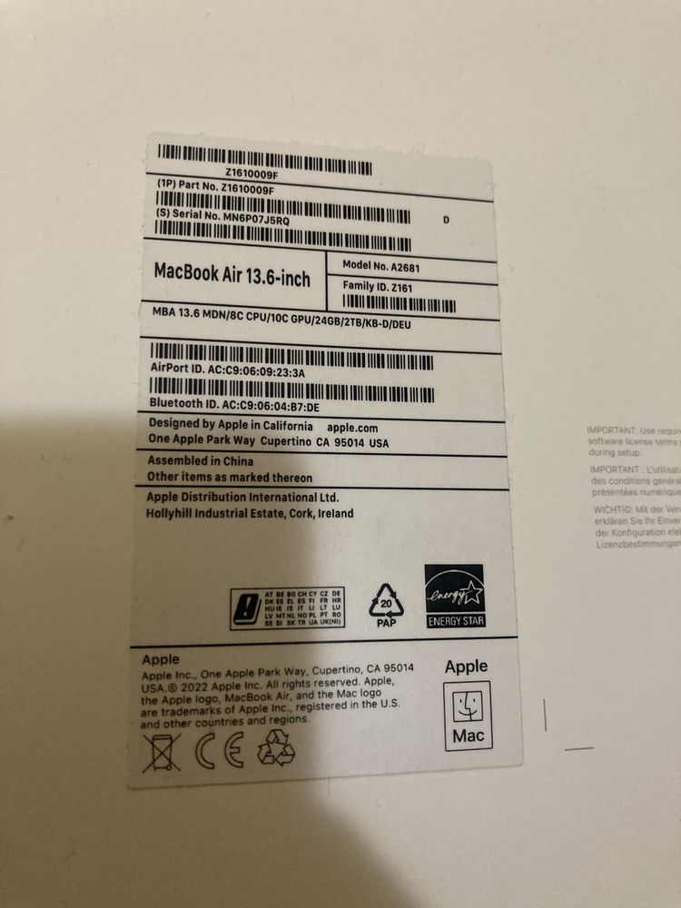 Macbook Air m2 13’ 24/2TB Midnight