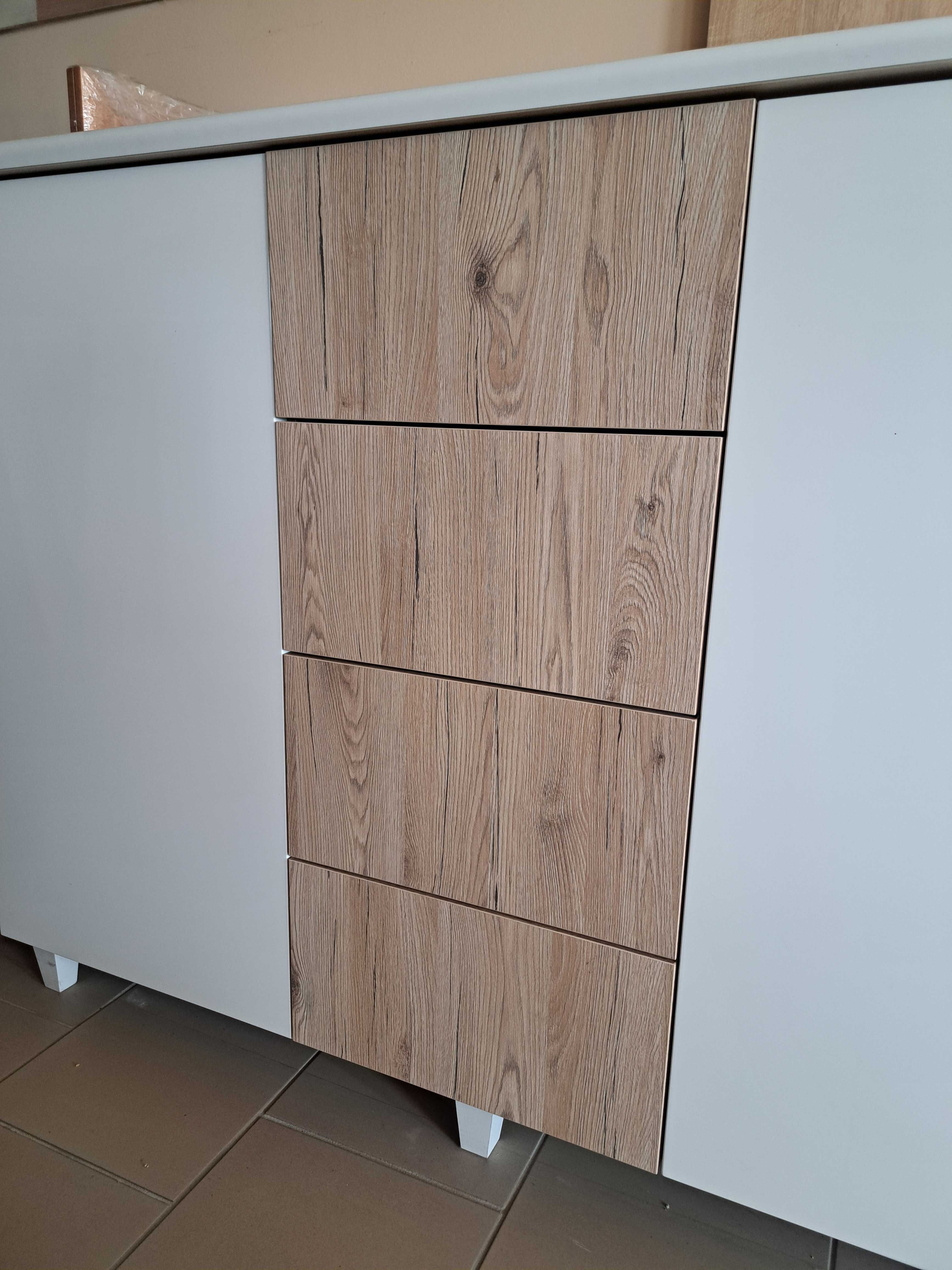 Nowa Komoda z półkami i szufladami biały i dąb san marino 106x136x50cm
