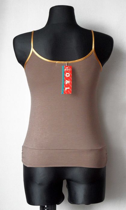 Bluzka O&L top cappuccino na złotych ramiączkach ze złotą grafiką L/XL