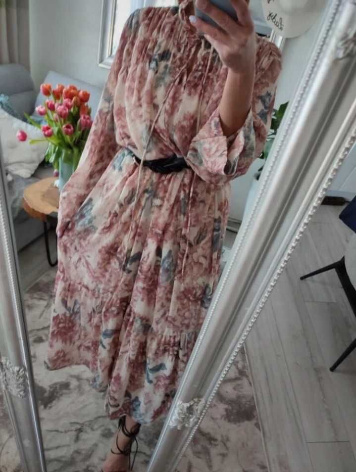 H&M dluga maxi szyfonowa sukienka w kwiaty oversizena wiosne boho L/XL