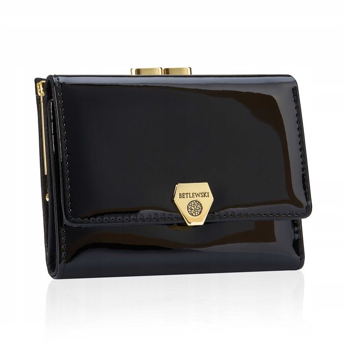 BETLEWSKI Portfel Damski Skórzany Czarny Lakierowany Mały Błyszczący