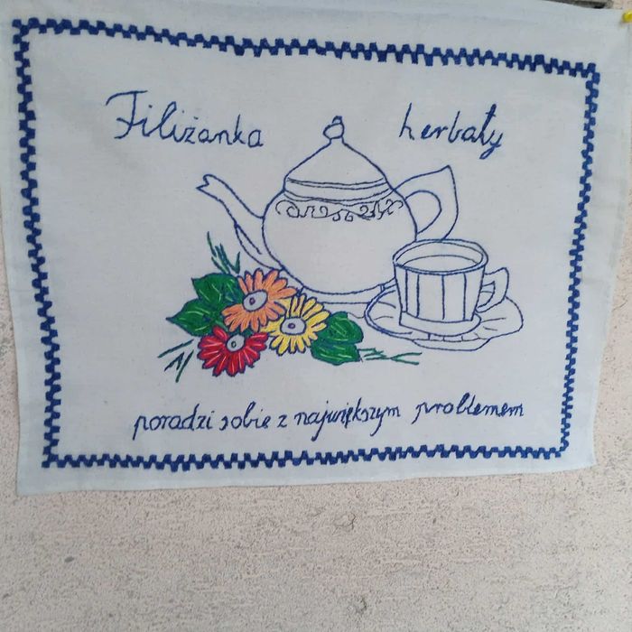 Makatka ścienna ręcznie haftowana nowa/Filiżanka herbaty poradzi ...