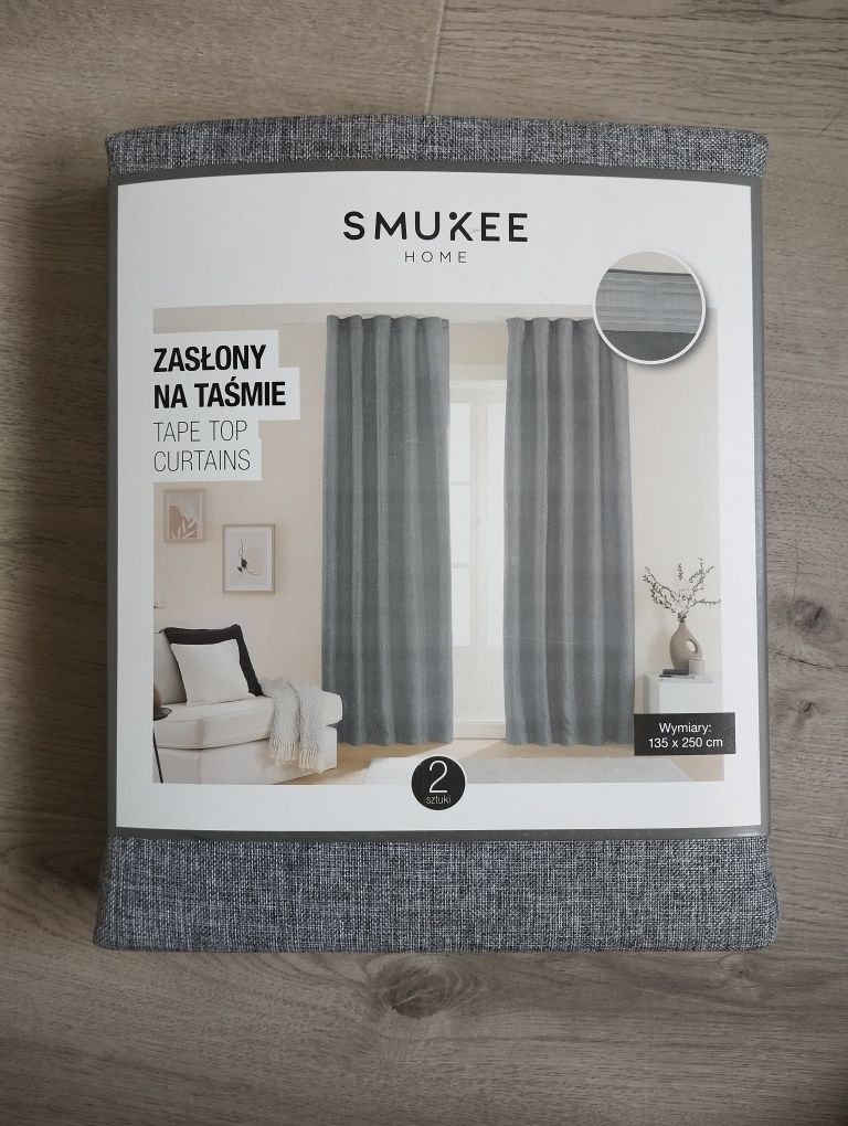 2 zasłony boho Smukee zestaw dwóch zasłon ala len szare na taśmie