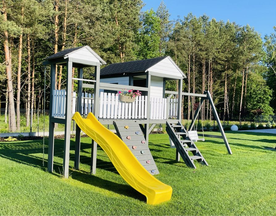 Domek drewniany dla dzieci plac zjeżdzalnia duży wspinaczka huśtawki