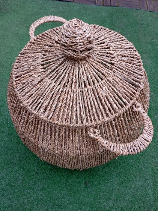 Duży okrągły kosz Bali jutowy Subli hand-made, Balaya z pokrywą 45x42c