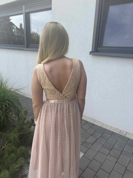 Sukienka damska tiulowa z koronką beżowa r. S