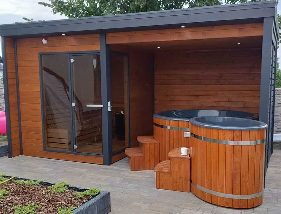 Sauna ogrodowa z miejscem na balie, sauna zewnętrzna