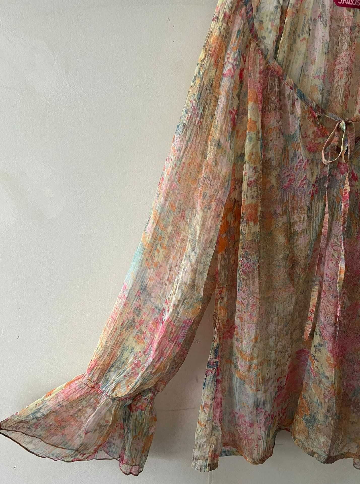 Boho styl bluzka roz. M 38 tiul piękny wzór odcienie różu zwiewna