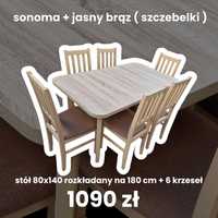 Nowe: Stół 80x140/180 + 6 krzeseł, sonoma + jasny brąz ( szczebelki)