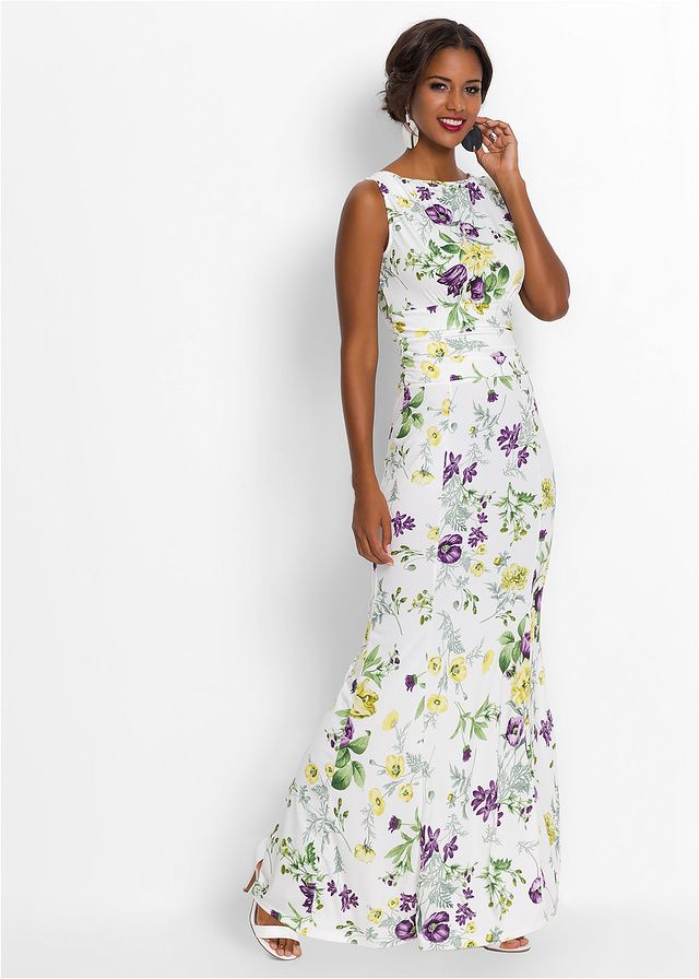 Bonprix biała długa sukienka maxi marszczenia wzór kwiatowy 32-34