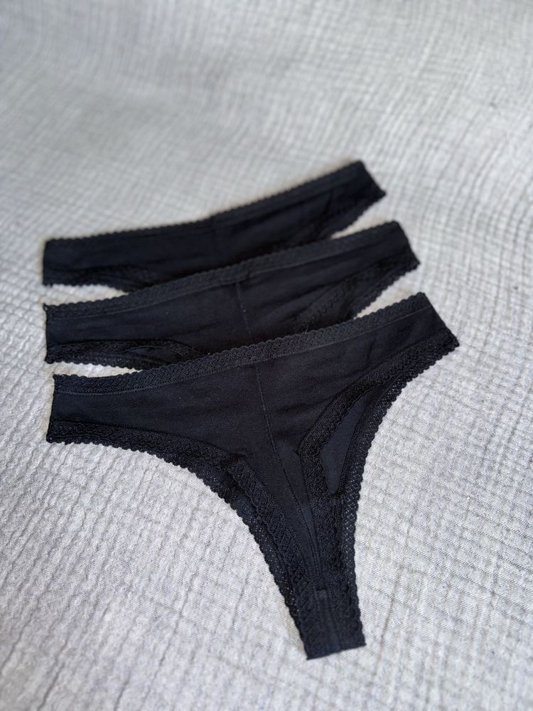 H&M 3 pary czarne stringi pół brazyliany bawełniane bawełna koronka Xs