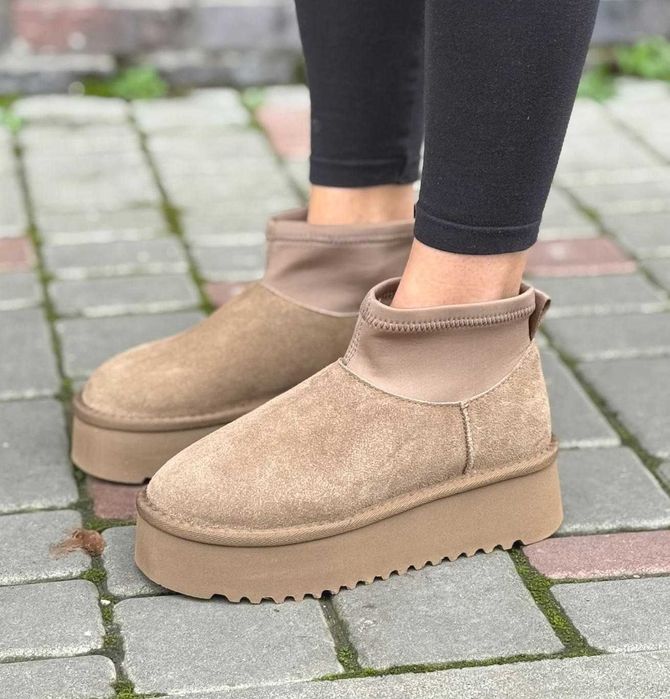 Женские Зимние Угги замшевые с мехом светло коричневые полусапожки