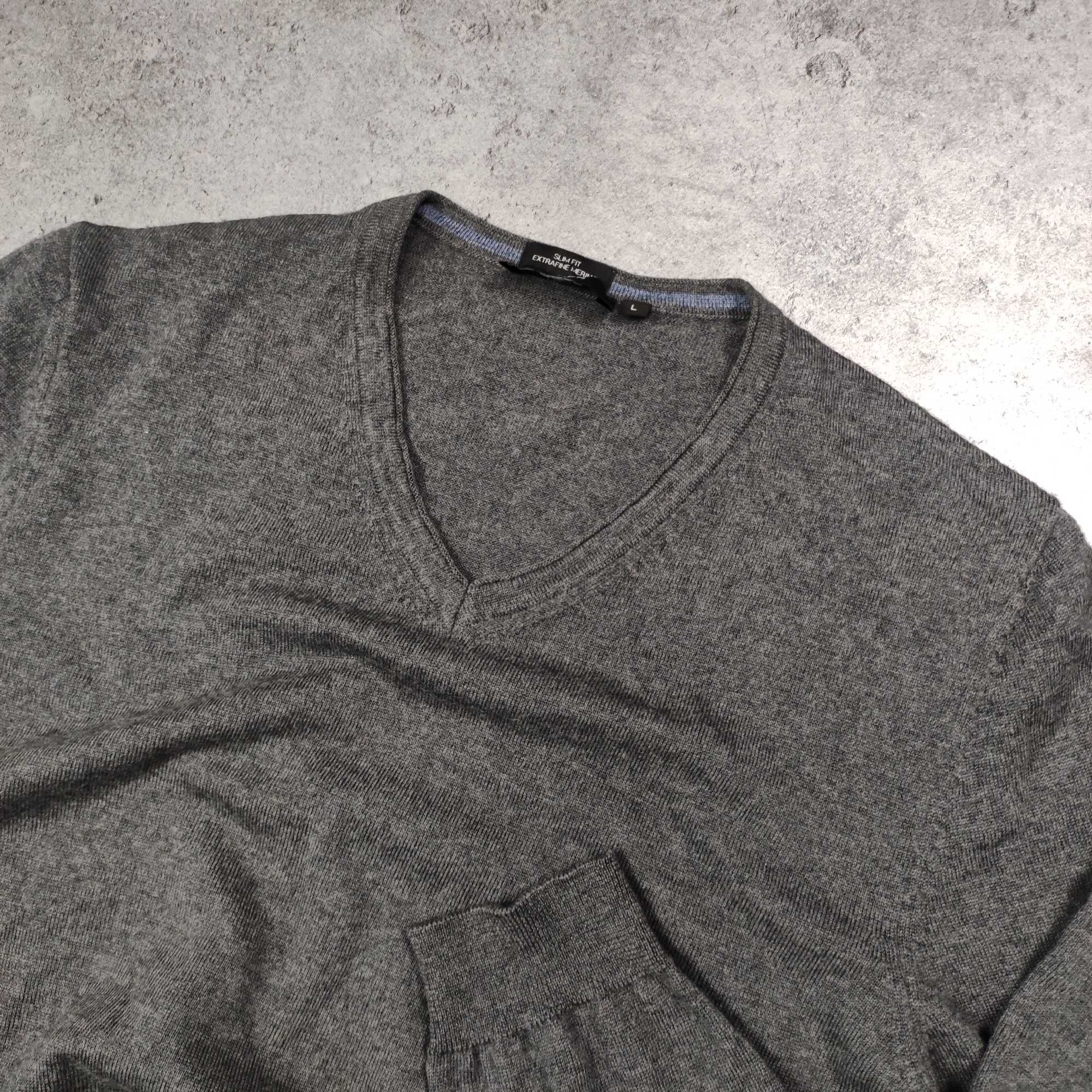 MĘSKI Sweter Elegancki Klasyczny PREMIUM Merino Wełna Hugo Boss Szary