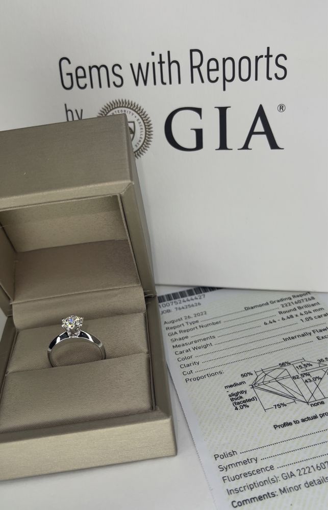 Золотое кольцо с бриллиантом 1.05 карат 2/1 GIA. Каратник