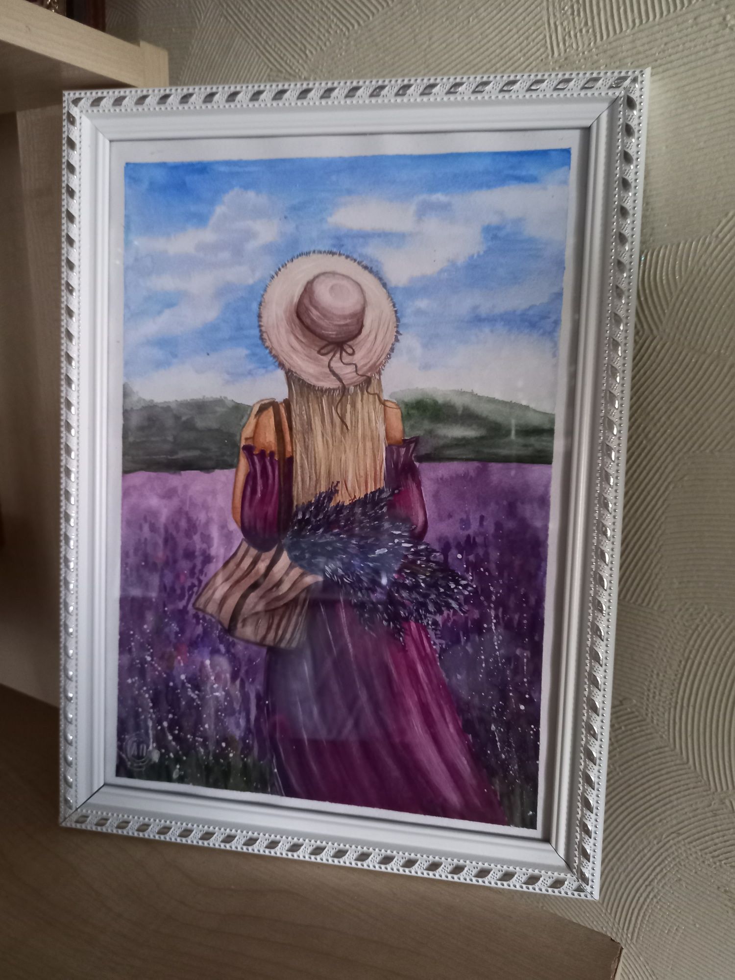 Картина "Девушка в лавандовом поле", акварель