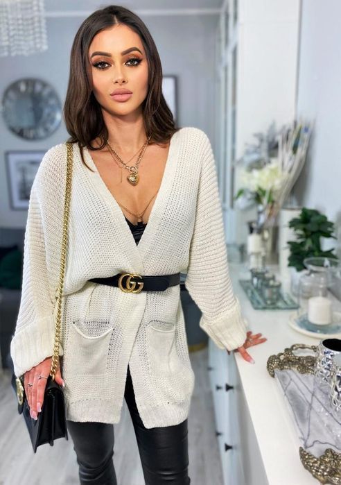 kardigan damski ecri narzutka z kieszonkami poeme