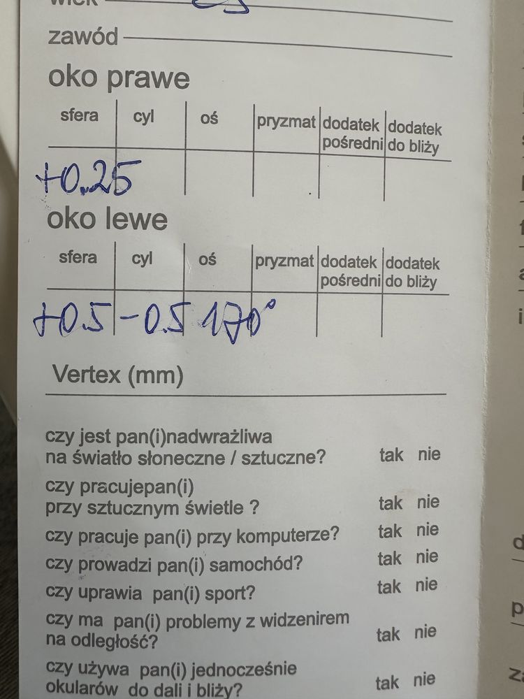Okulary korekcyjne +0,25 oraz + 0,50 wada wzroku