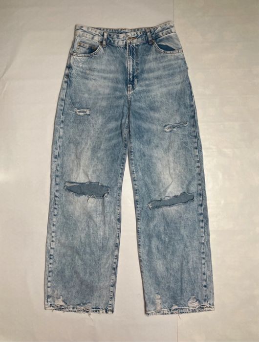 szerokie spodnie jeansowe z wysokim stanem i dziurami y2k