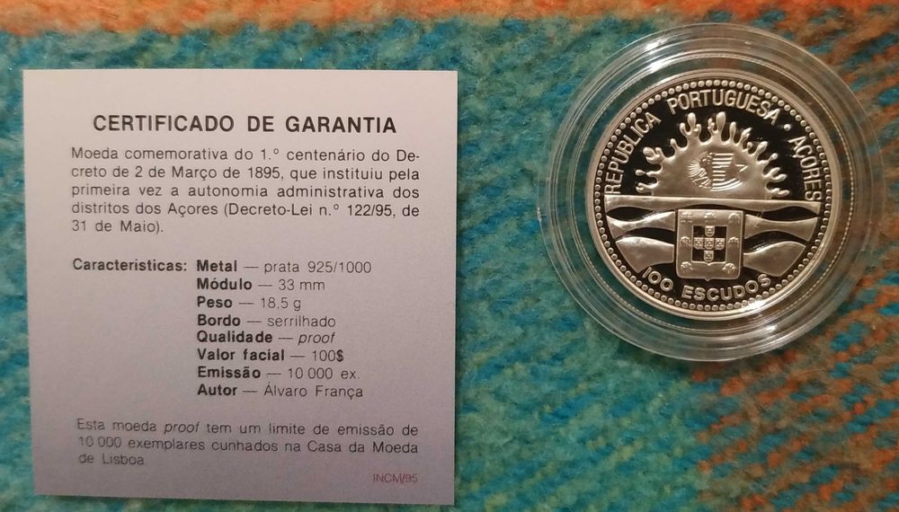 Portugal - moeda em prata proof de 100 escudos de 1996 Açores (10.000)