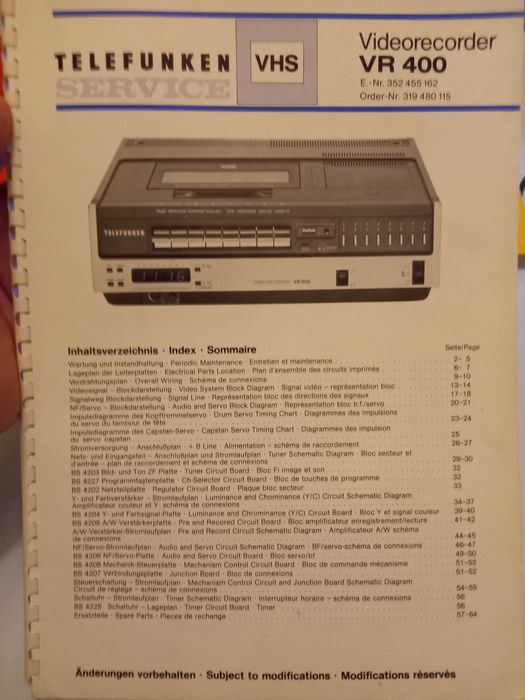 Instrukcja Serwisowa Schemat Magnetowid Video Telefunken VR 400