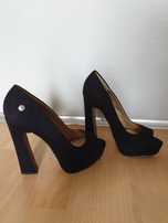 Zamszowe czarne buty szpilki peep toe piękny oryginalny obcas Blink 38