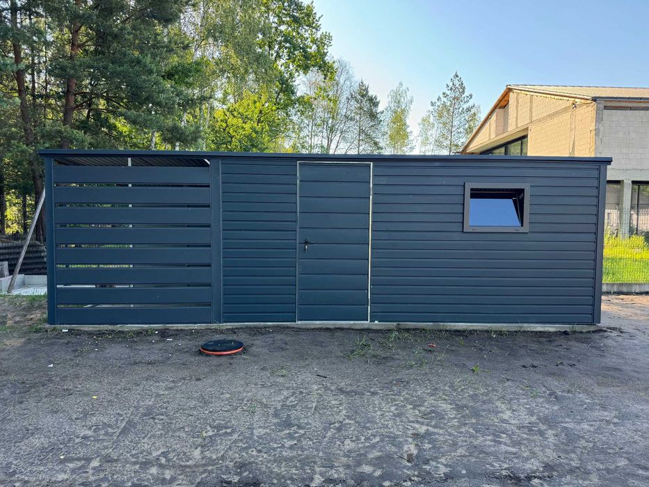 Garaż blaszany/schowek ogrodowy 6x2.5m + wiata/drewutnia, grafit