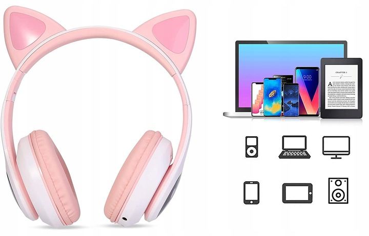 Słuchawki Bezprzewodowe Z Mikrofonem Kolorowe Kocie Uszy Led Dla Dziec