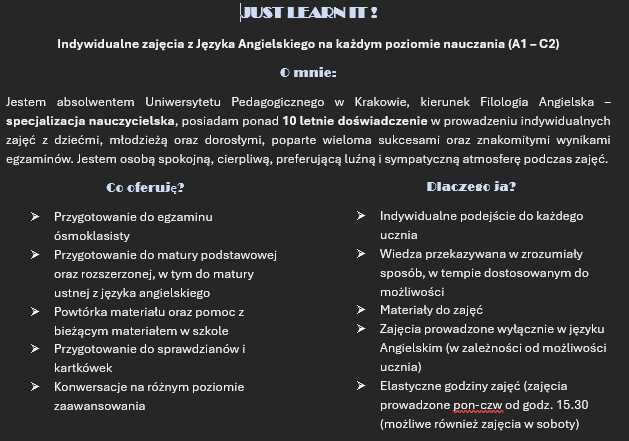 Korepetycje J. Angielski A1 - C2 stacjonarnie/online