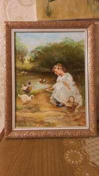 Картина пейзаж Дівчинка з качечками біля ставочку