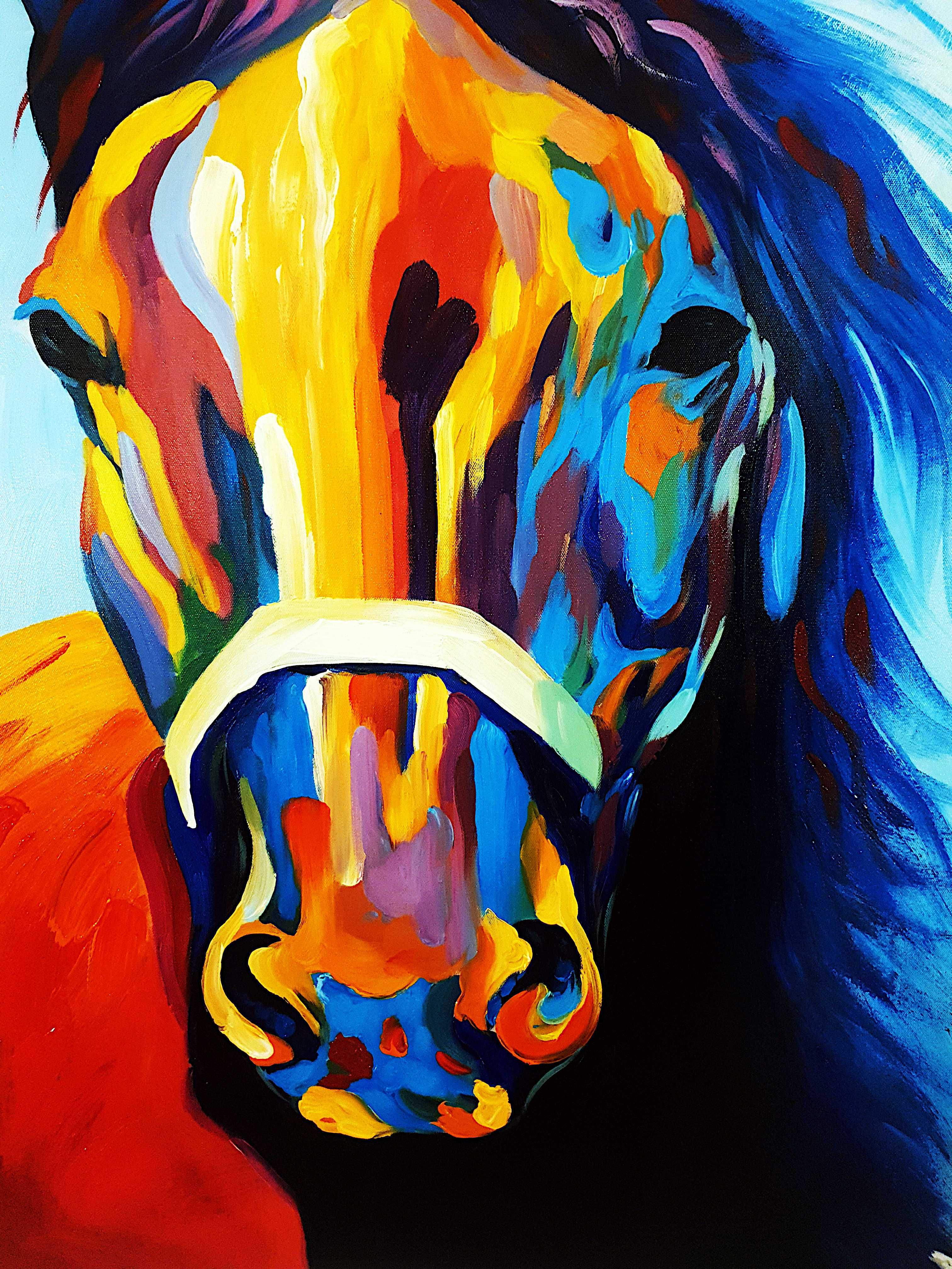 Pintura original em canvas equestre colorida abstrata de cavalo