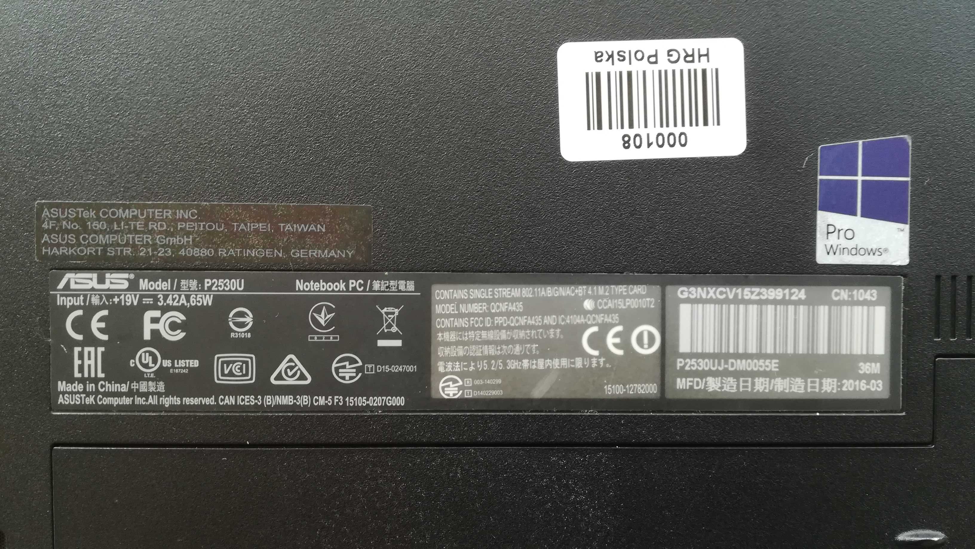 Asus Pro P2530UJ DM0055E Intel Core i5 6200U 8GB DDR4