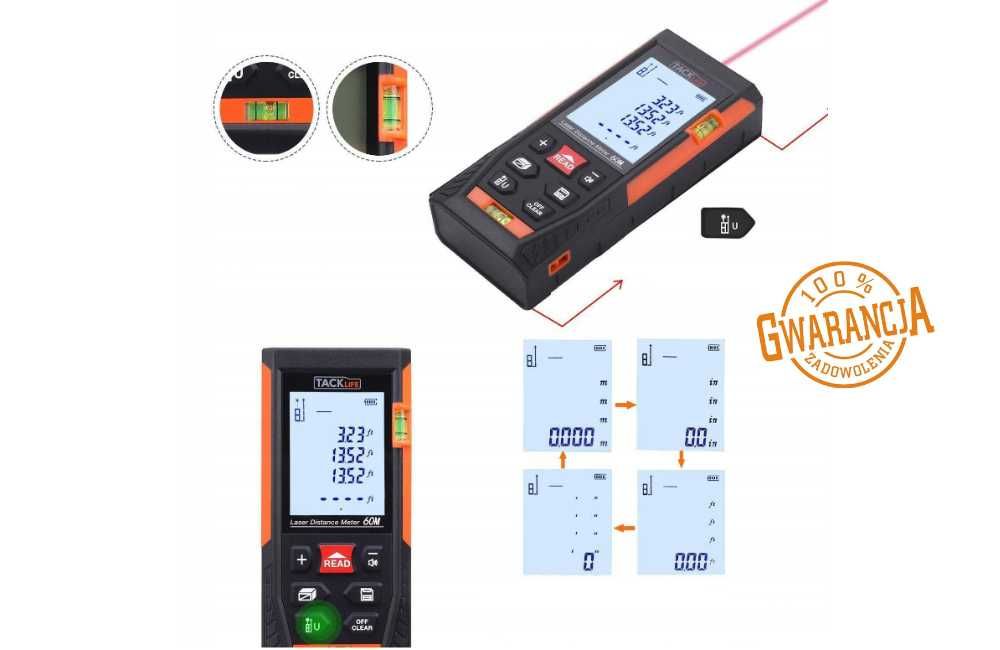 OKAZJA - DALMIERZ LASEROWY Miernik Cyfrowy 60m Kątomierz 2 Poziomice
