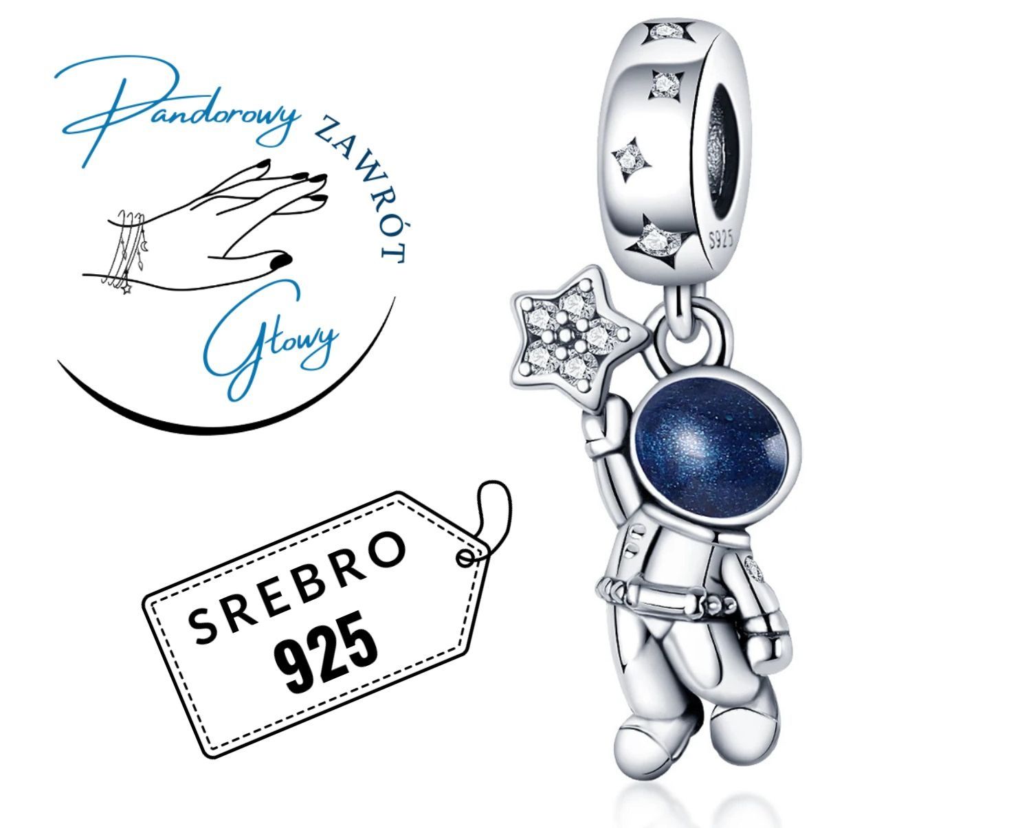 088 Charms do bransoletki typu Pandora srebro 925 kosmonauta kosmos