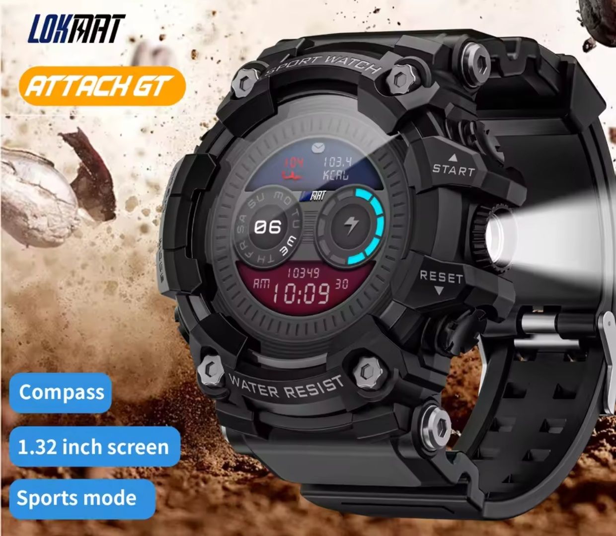 Тактические смарт часы ATTACK GT с фонариком + Compass + стекло.