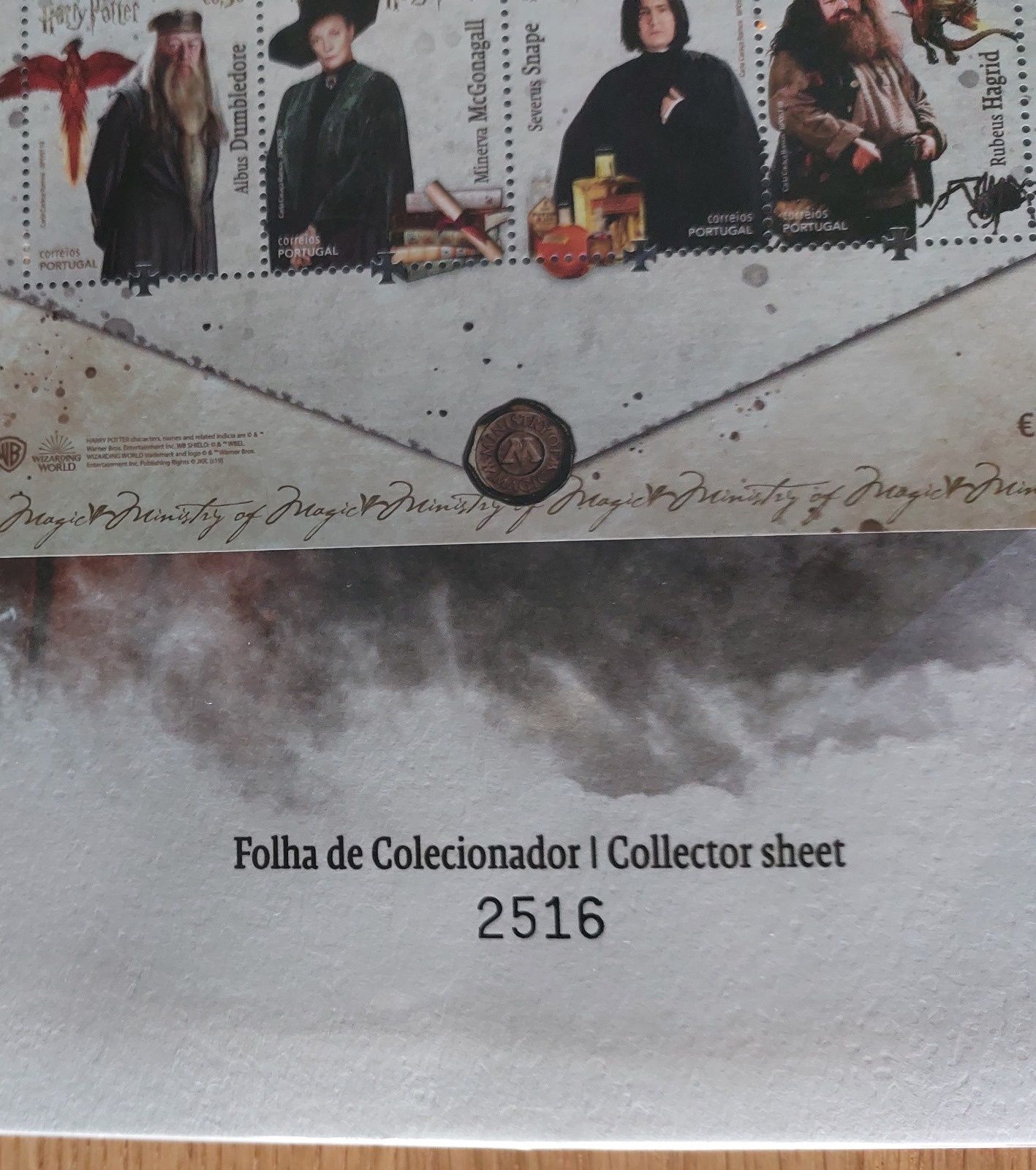 Folha de selos de coleccionador do Harry Potter