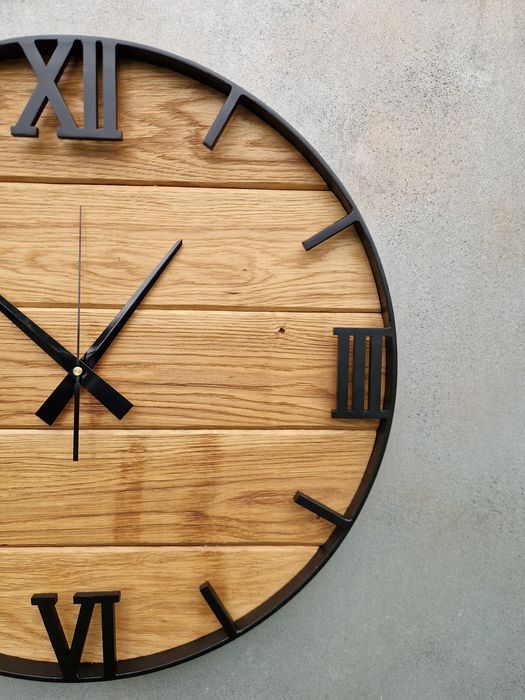Zegar ścienny loft Dębowy 50cm stalowy drewniany rękodzieło salon duży