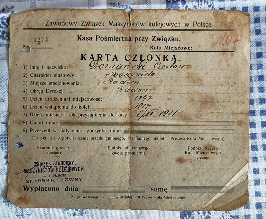Stary dokument Radom 1921r. Zawodowy Związek Maszynistów Karta Członka
