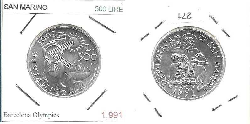 San Marino - - 500 Lire - 1991 - -  Barcelona 1992 - -- Moeda de Prata
