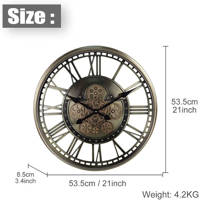 Mechaniczny zegar ścienny, ruchome przekładnie, duży metalowy żelazny