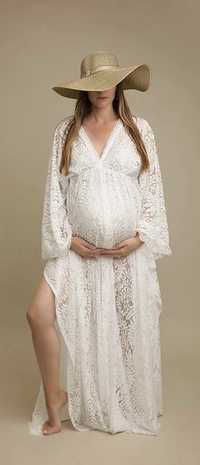 Suknia koronkowa Boho biała, z rozcięciami, do sesji  ciążowej