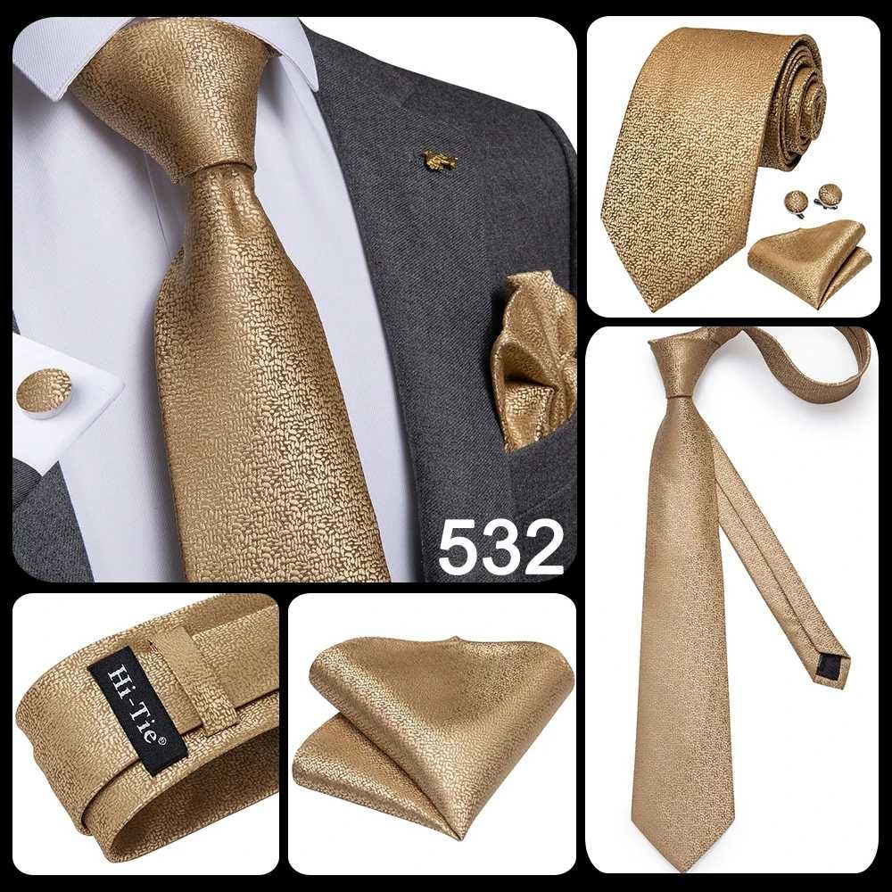 Złoty jedwabny zestaw Krawat Poszetka Spinki