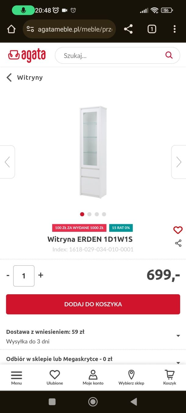 Biała witryna z półkami szklanymi i przeszklonym frontem