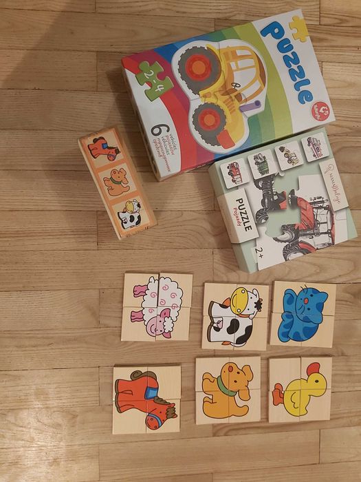 Puzzle 4 elementowe pojazdy "Mama maluje" x2 szt +puzzle drewniane