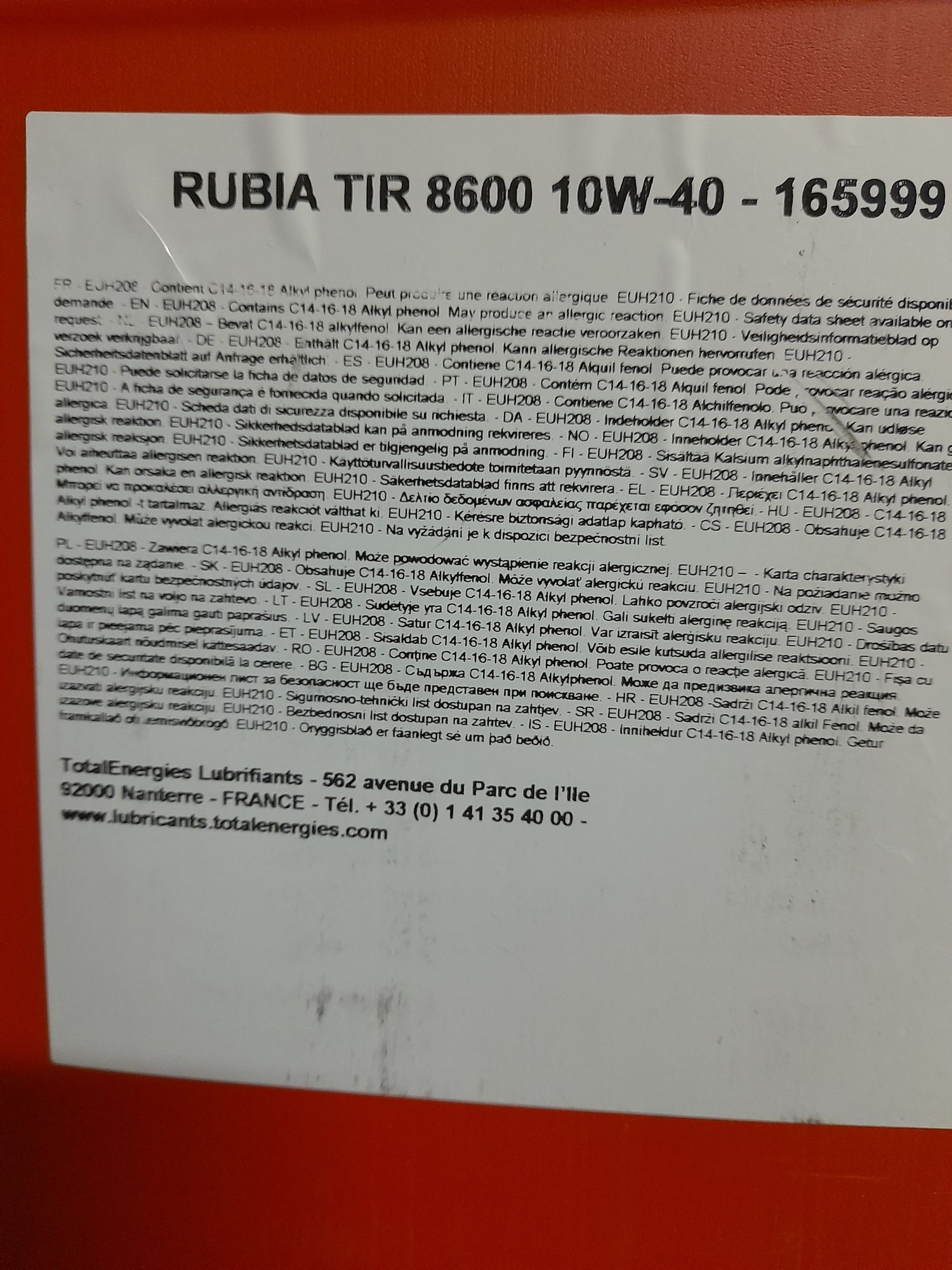 Олива моторна RUBIA TIR8600 10W-40 20л.