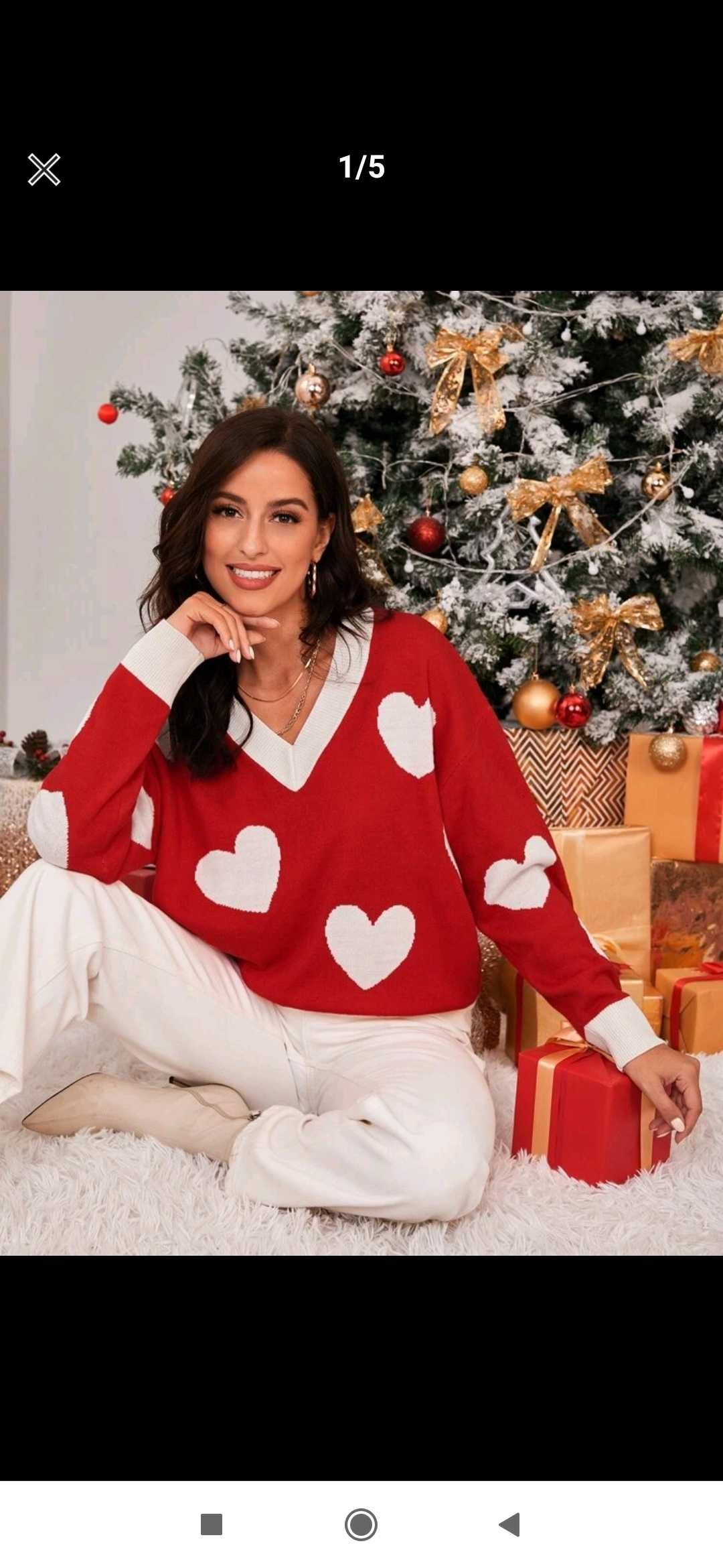 Nowy sweter damski w serca czerwony oversize z nadrukami 36 s modny